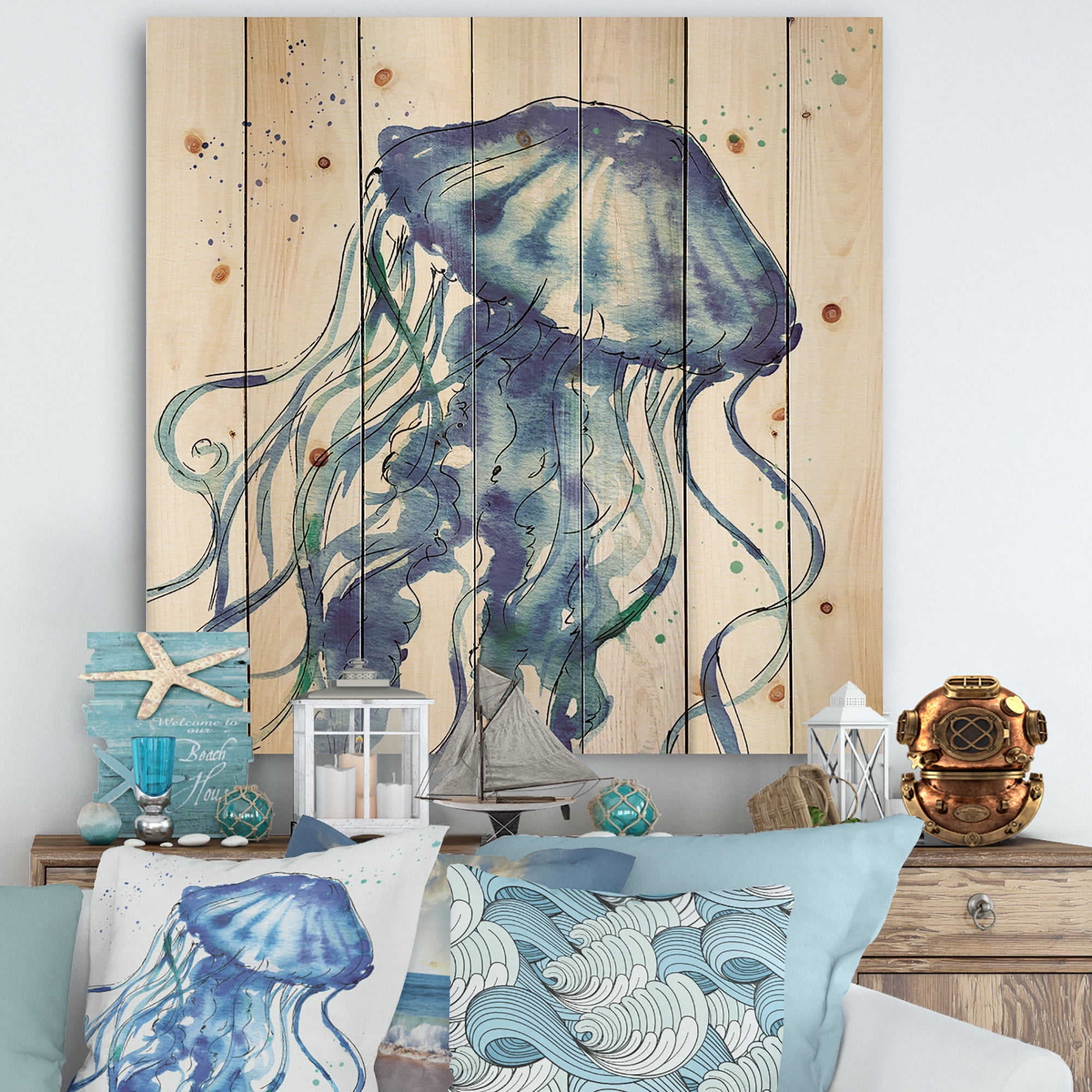 Designart 'Blue Deep Sea X' Coastal Print on Natural Pine Wood