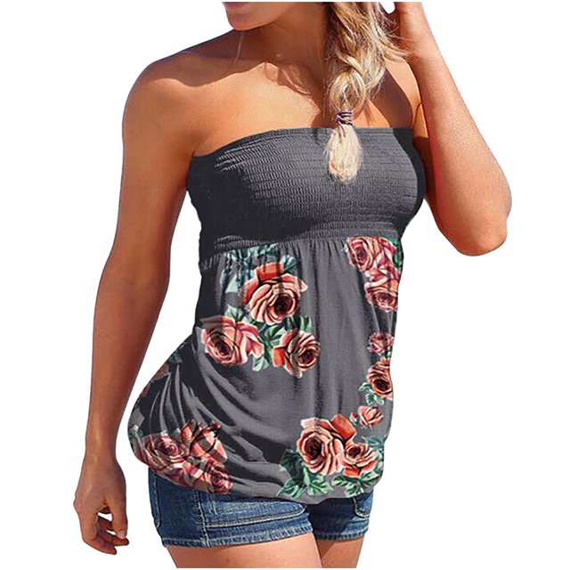 Camisetas sin tirantes sin tirantes para mujer, camisetas de tubo de verano, blusas informales sexis con hombros descubiertos para vacaciones Pompotops hkajfhjk473760