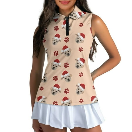 Yuyamidu Christmas Dog Sleeveless Golf Shirt for Women Cute Dog Paw Tennis Tank Tops Running Shirt with Collar Sports Athletic T-Shirt Plus Size XL