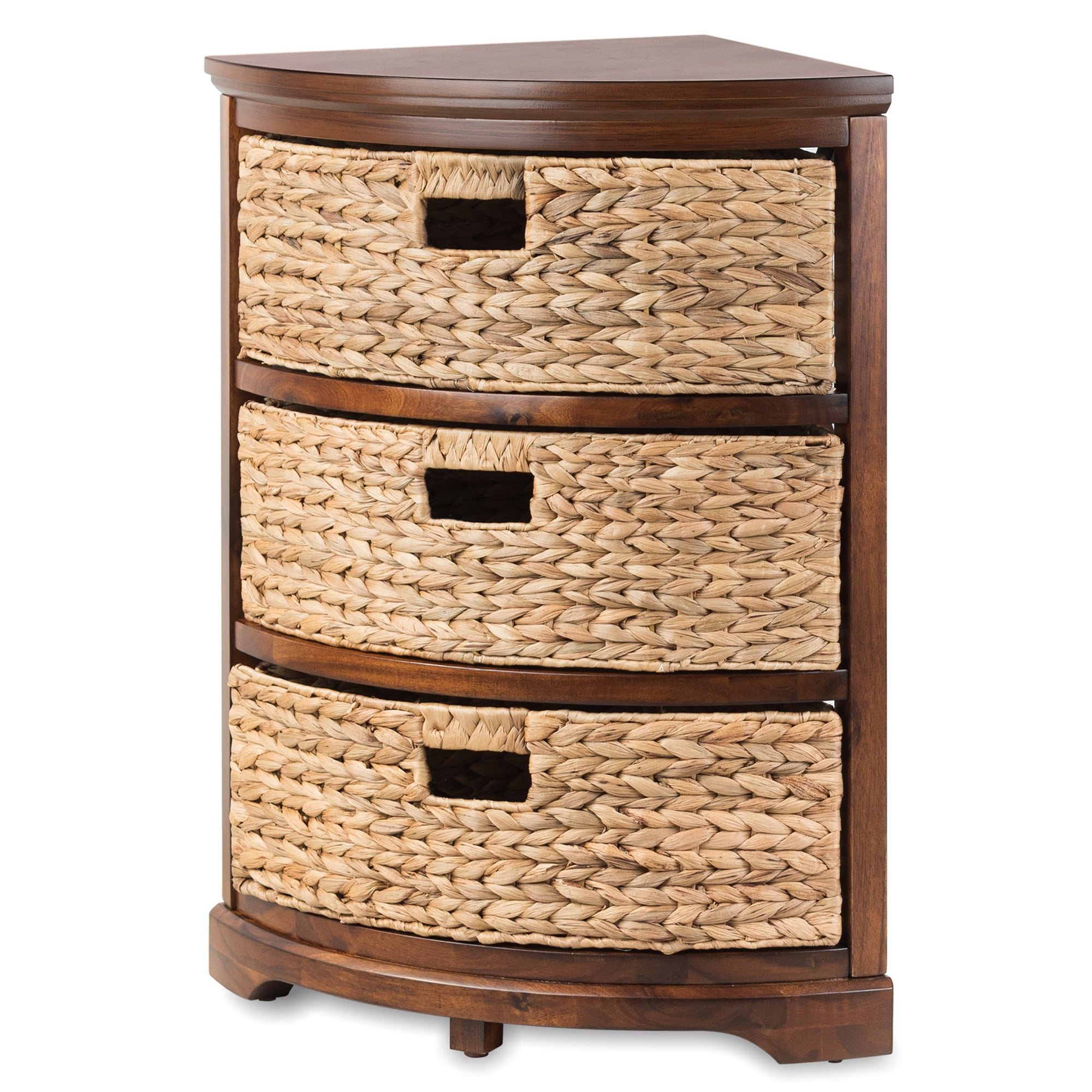 Hampton Meadows 3 Tier X-Side Corner Table Storage Cabinet with 3 Natural Water Hyacinth Wicker Baskets for Living Room, Walnut