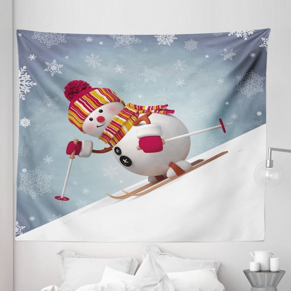 Snowman Tapestry, Skiing Snowman in 3D Style with Ornate Snowflakes Winter Outdoors Activity Fun, Fabric Wall Hanging Decor for Bedroom Living Room Dorm, 5 Sizes, Multicolor, by Ambesonne