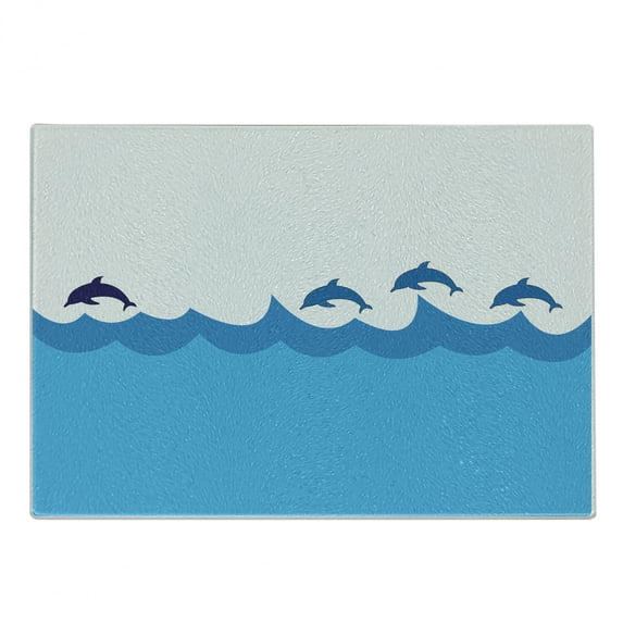 Sea Animals Cutting Board, Lead and 3 Dolphins Shadow on Waves Oceanlife Maritime Theme Image, Decorative Tempered Glass Cutting and Serving Board, Small Size, Blue Turquoise, by Ambesonne