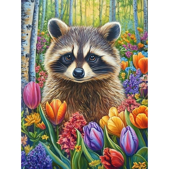 5D DIY Diamond Painting Set "Raccoon, Animals, Tulip" Round Diamond Art Crafts for Adults, Suitable for Wall Decoration, Bedroom and Home Decoration