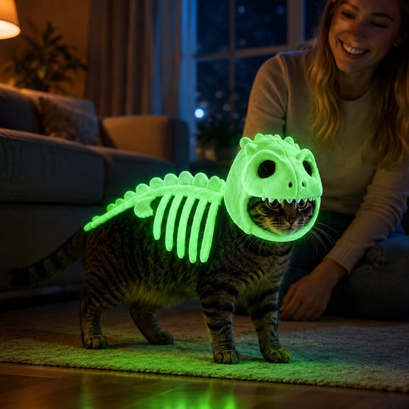Glow in the Dark Dinosaur Skeleton Pet Clothes, Realistic 3D Pet Dinosaur Outfits, Plush Halloween Pet Hood Outfit, S