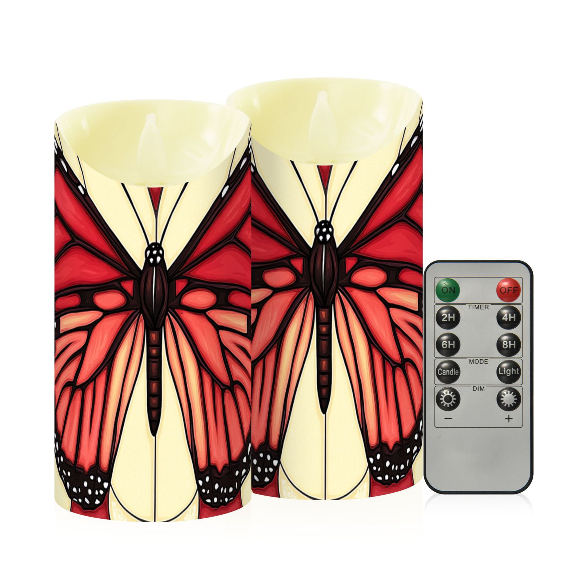 Stained Glass Butterfly Pattern Flameless Candles 2 PCS with Remote Realistic Moving Flame LED Tapered Pillar Set for Home Decor
