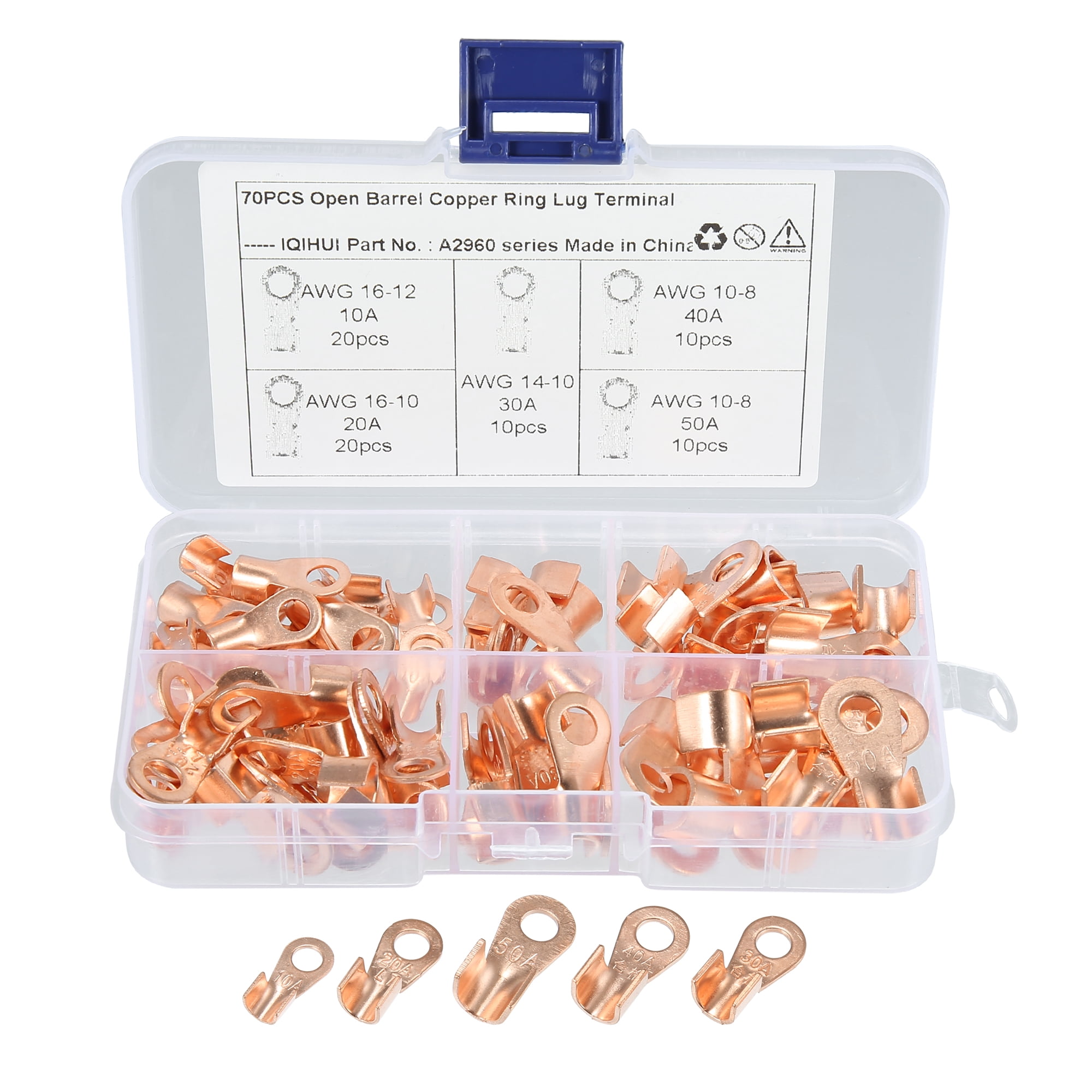 70 Pcs Copper Wire Crimp Terminal Battery Cable Ends Open Barrel Ring Lug Terminals Assortment Kit for Marine Automotive