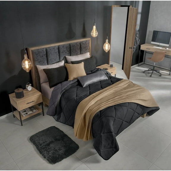 SHADOW BLACK AND GRAY COLOR SOFT TEXTURE REVERSIBLE COMFORTER SET 6 PCS CALIFORNIA KING SIZE MADE IN MEXICO