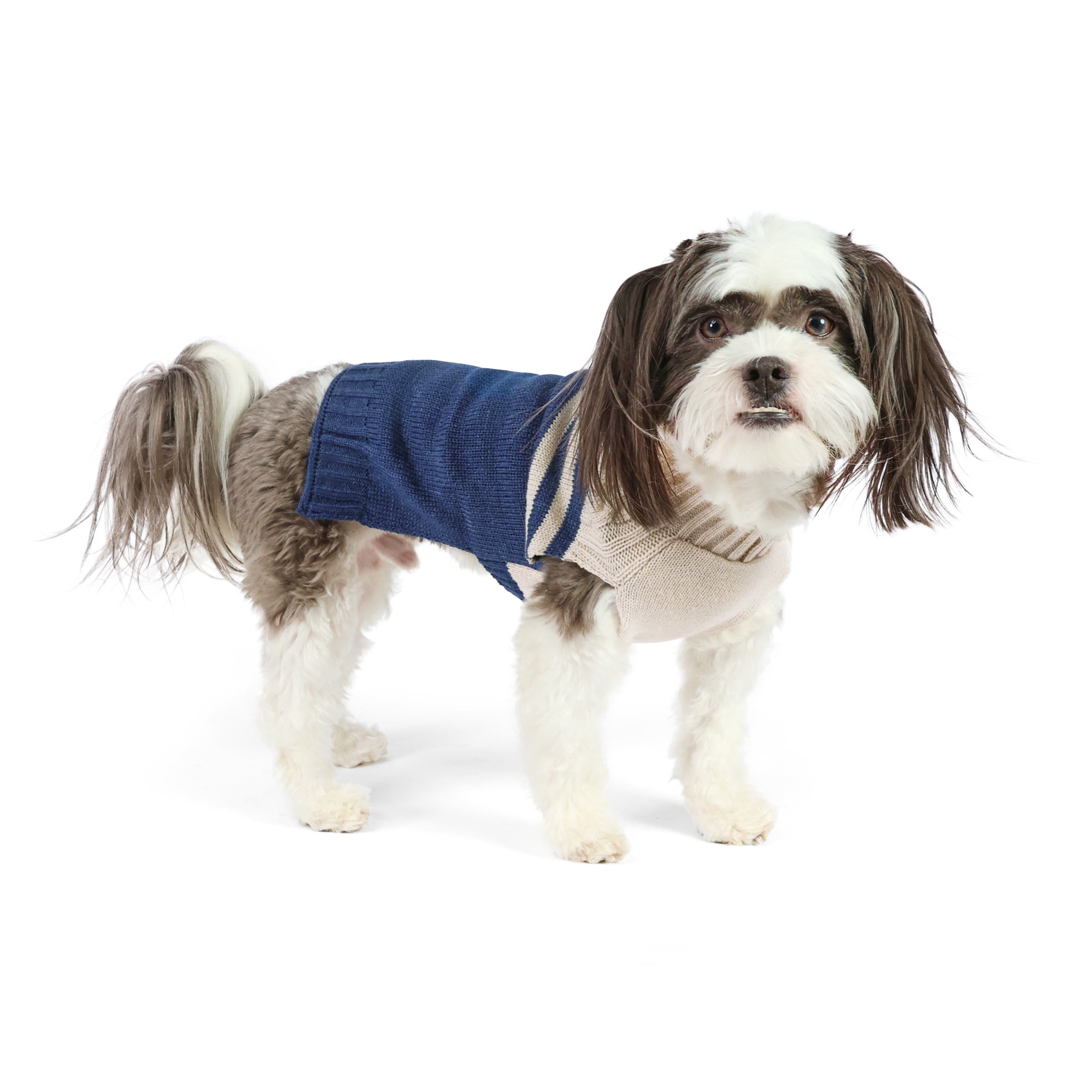 Vibrant Life Cable Knit Sweater for Dogs and Cats, Paw Print, Cream and Navy, S