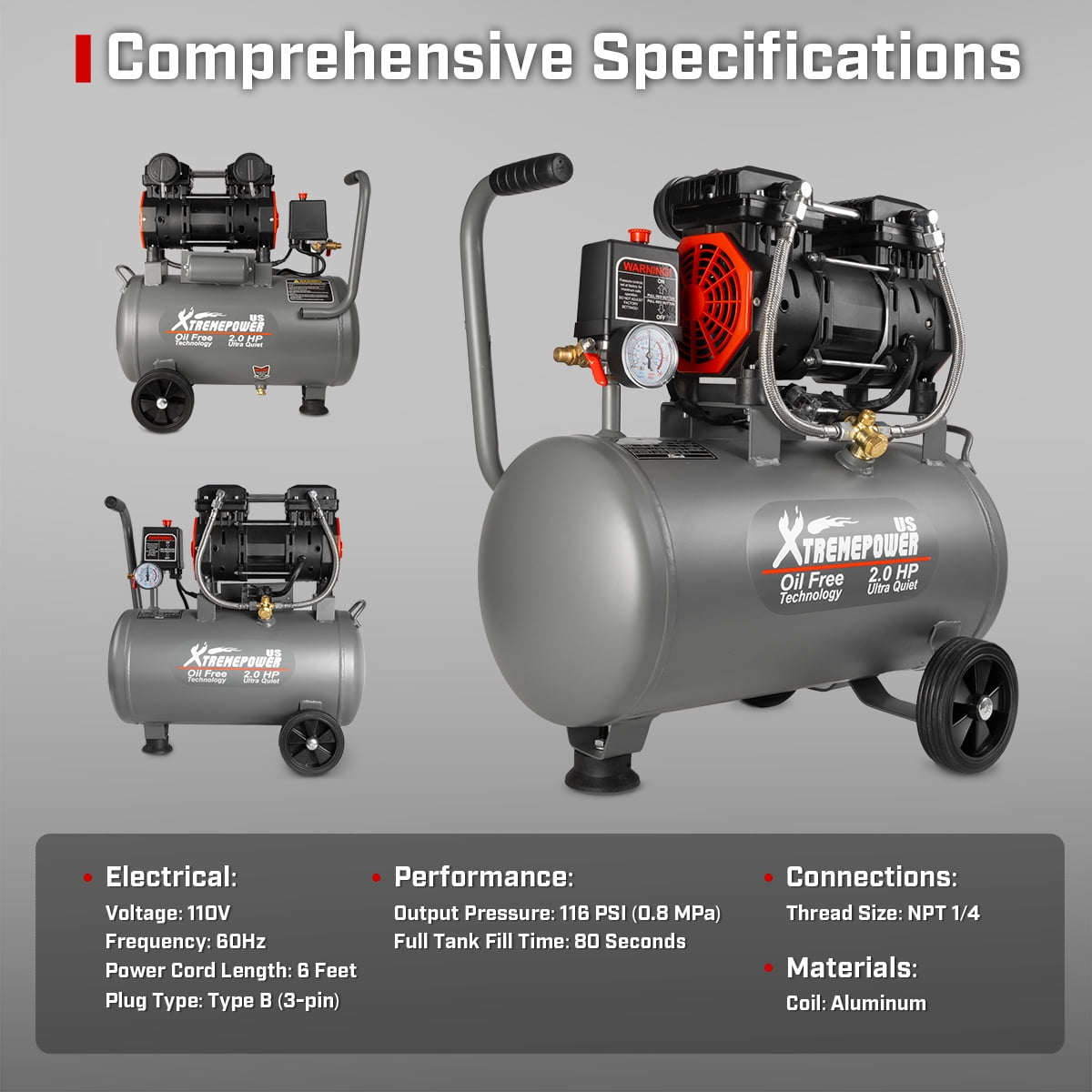 XtremepowerUS 7 Gallon Ultra Quiet Air Compressor, 2HP Oil-Free Air Compressor Tank, 65dB Air Compressor For Car Repair, Spray Painting, Woodwork Nailing, 110V/60hz