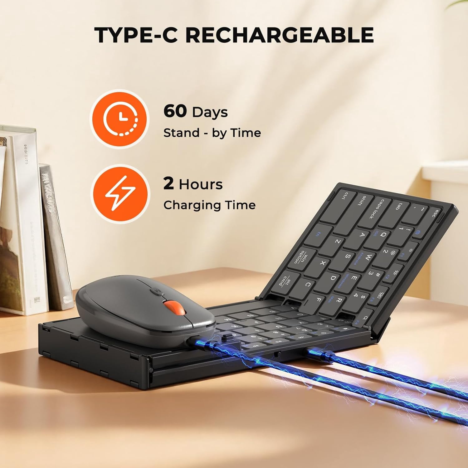 Meetion Foldable Keyboard and Mouse, Bluetooth, Portable, Rechargeable, 3-Device for Win/Mac/iOS/Android