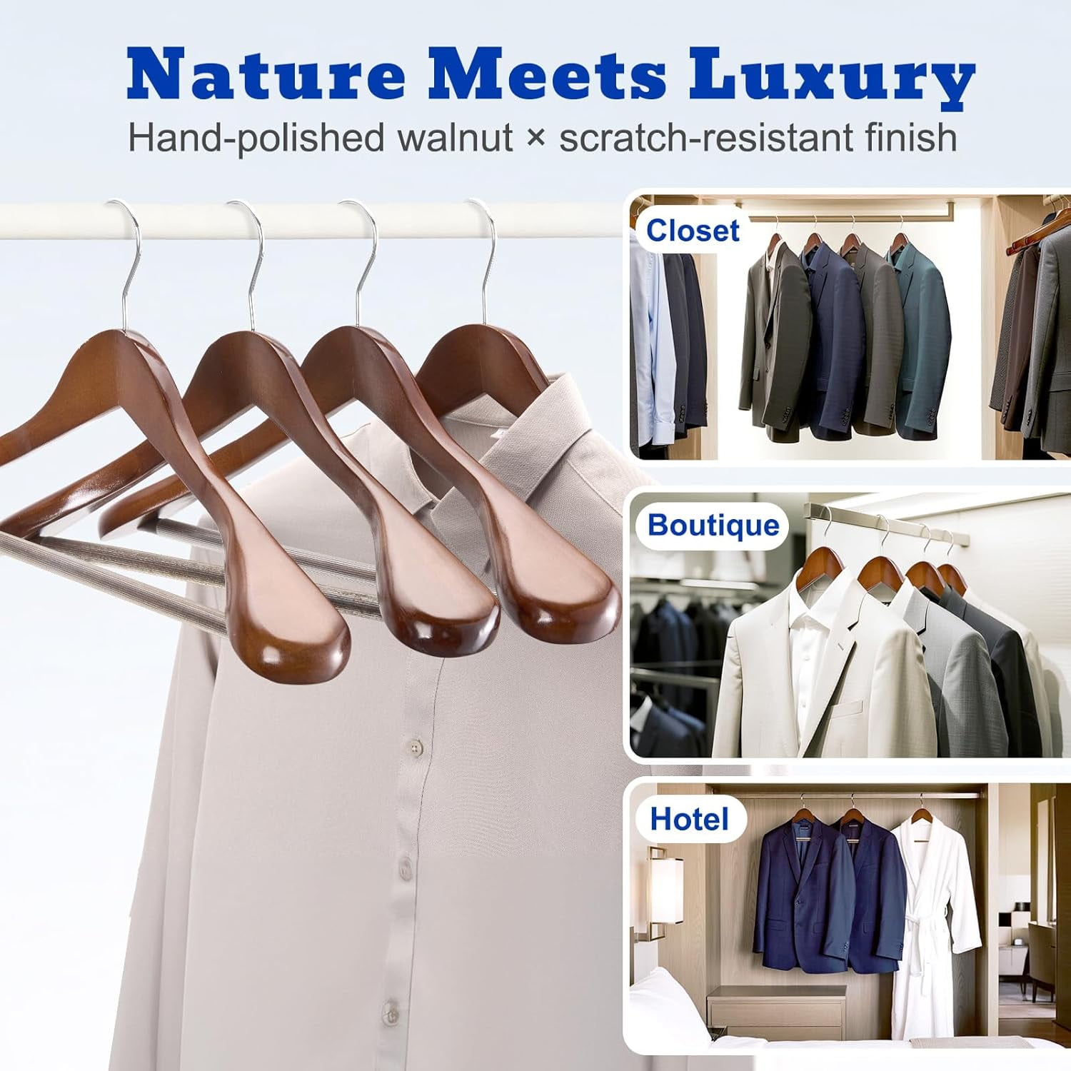 Solid Wood Wide Shoulder Hangers with Non-Slip Pants Bar, 360 °   Swivel Hook for Suits, Dresses, Jackets, and Heavy Clothes - 6 Pack (Walnut Finish)