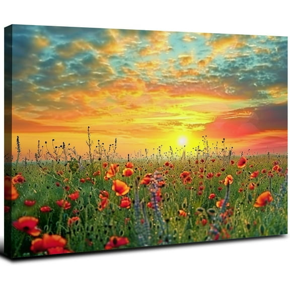 ONETECH Large Wall Art for Living Room Sunrise Sunset Flower Nature Landscape Canvas Painting Prints Red Poppy Floral Field Pictures Wall Decor Modern Artwork Home Decoration for Bedroom 20x16inch