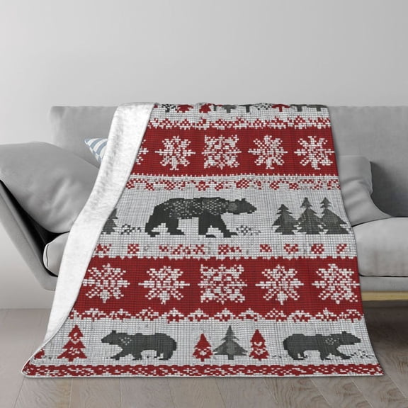 Fair Isle Bear Throw Blanket, Faux Sweater Knit Print, Soft Flannel Fleece, Winter-Inspired Home Decor 50x40