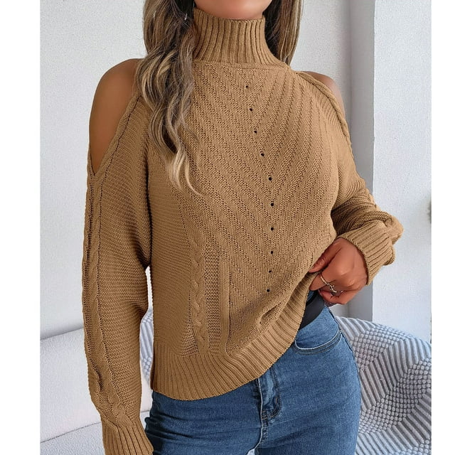 Suéter de Cuello Alto para Mujer, Suéter de Punto Elásado Suelto de Manga Larga Con Hombros Descubiertos, Color Sólido, a la Moda