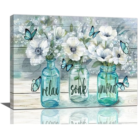 Farmhouse Flower Bathroom Decor Wall Art Rustic Butterfly White Floral Pictures Wall Decor Relax Soak Unwind Bathroom Sign Canvas Painting Prints Artwork Home Decor Framed for Bedroom 12inx16in