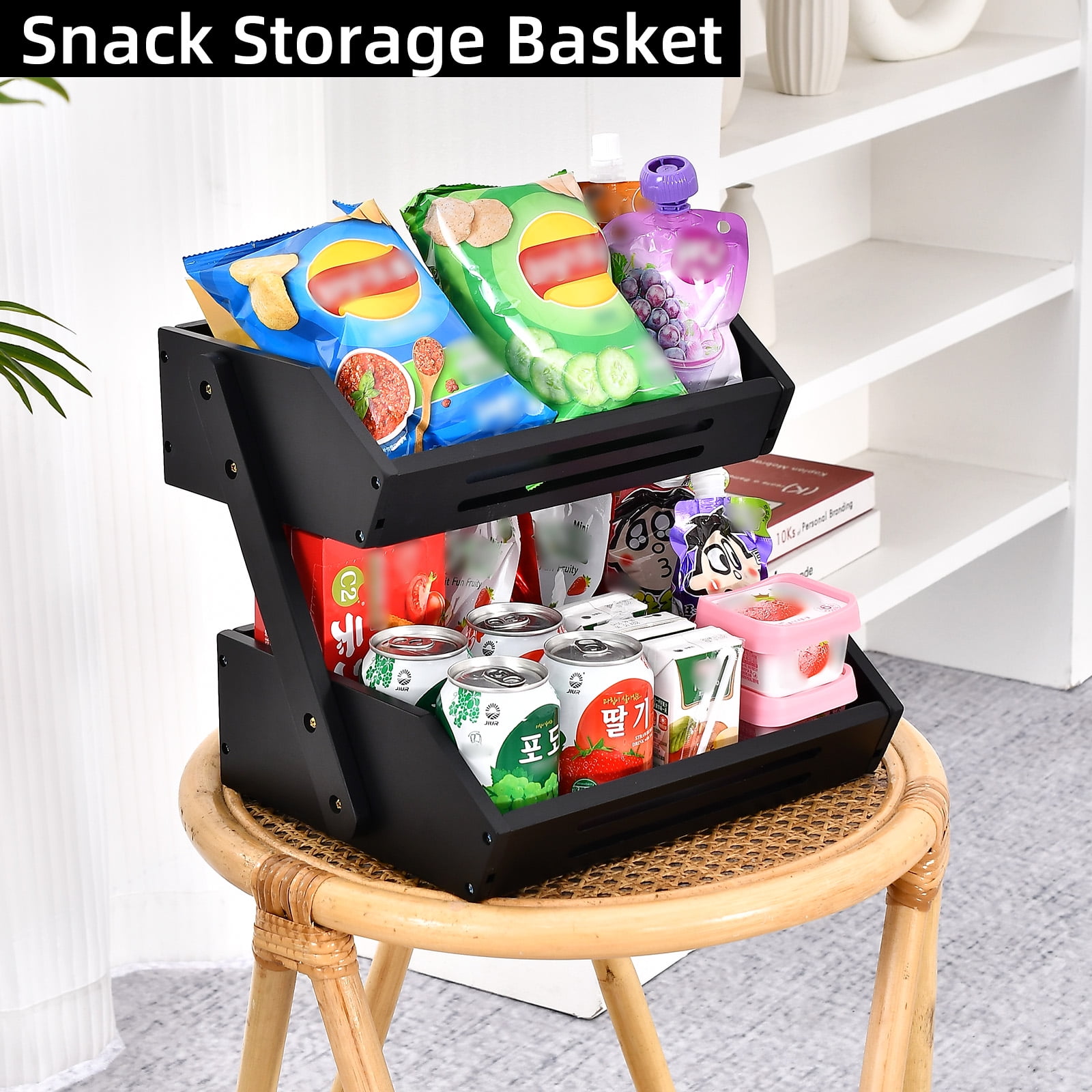 Fruit Basket, 2 Tier Bamboo Fruit Bowl for Kitchen Counter, 11" Tall Produce Storage Stand for Vegetables and Snack, 15 mm Thickness (Self-Assembly)