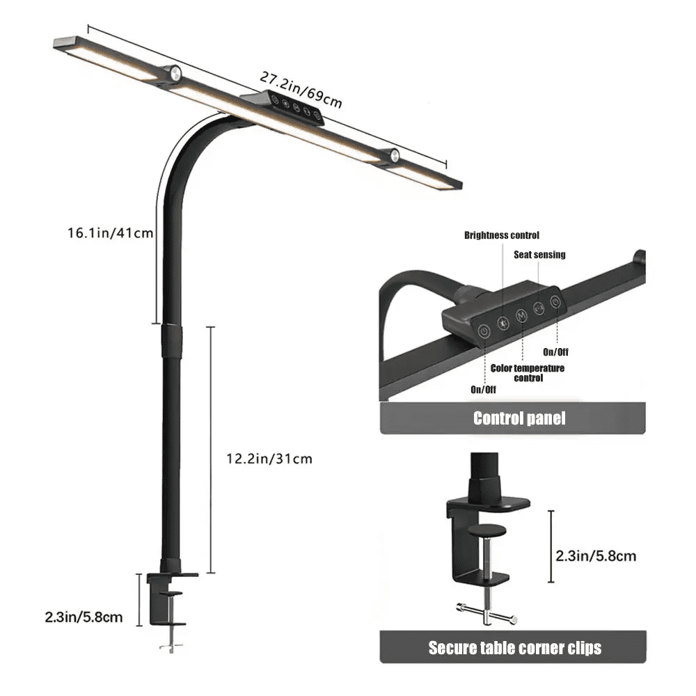Large LED Desk Lamp with Clamp, 24W Double Head Desk Light, Stepless Dimmable Swing Arm Office Lamp with Remote for Home Office, Study