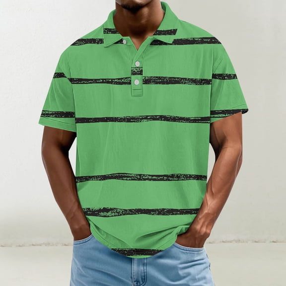 T-shirts for Men Plus Size under $5 Short Sleeved Lapel Button Stripe Casual Solid Color Hook Buckle T-shirt Green L