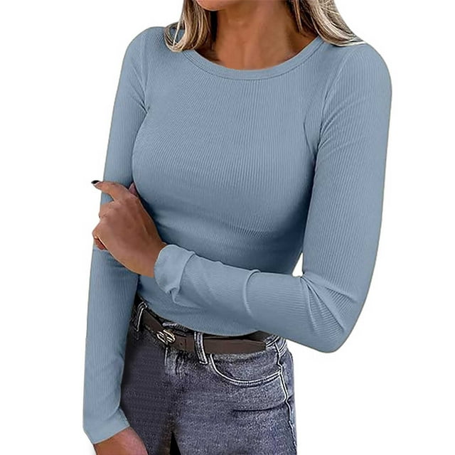 Womens Long Sleeve Ribbed Crewneck T-Shirt - Fitted Stretch Basic Top, Versatile Casual Shirt for All Seasons