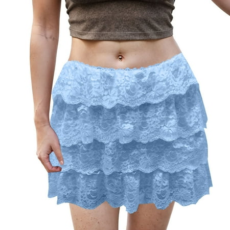 vigerkar Womens Lolita Bloomers Cute Ruffle Shorts Layered Lace Skirts Elastic Waist Bow Front Y2k Micro Boyshorts Blue  L