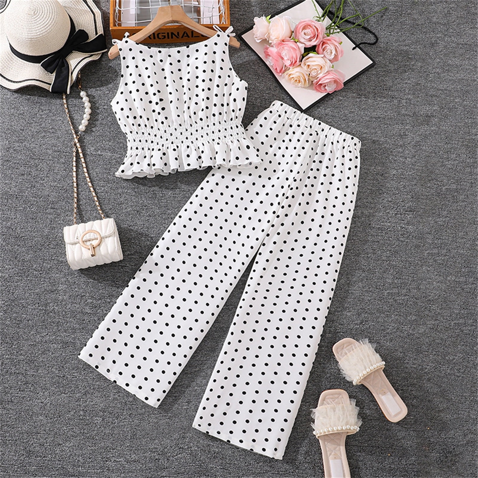 REDARER Girls Summer Outfit Polka Dot Bow Strap Sleeveless Ruffle Hem Crop Top High Waist Wide Leg Pants 2 Piece Set,11-12 Years