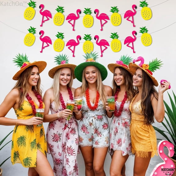 KatchOn, Felt Pineapple Flamingo Garland - 10 Feet, Pre-Strung | Banner for Flamingo Party Decorations | Pineapple Decor for Luau Decorations | Summer Party Decorations
