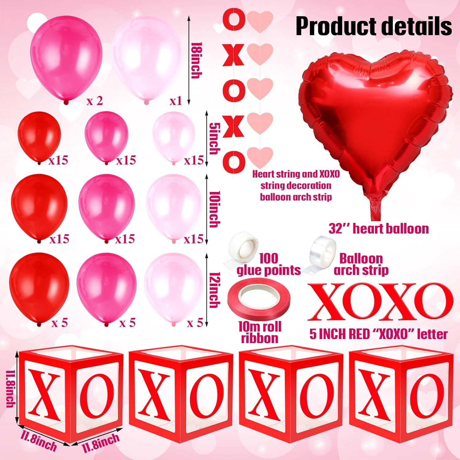 Valentines Day Decor - XOXO Balloon Arch & Boxes, Pink Heart Balloon Garland Arch Kit for Wedding, Engagement, Party