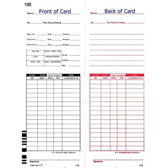 100 Lathem 7000E and 7500E Time Clock Cards, E79 Compatible