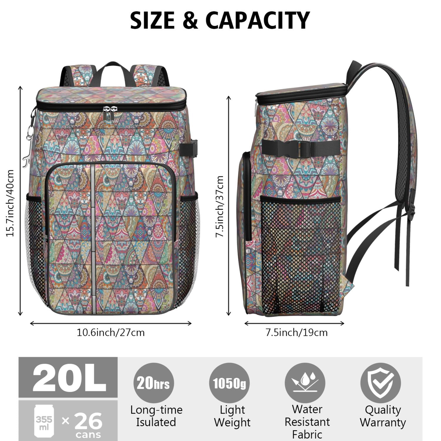 Travel Cooler Bag - Boho Bohemia Flower Camping Beer Cooler Backpack with Bottle Opener- Waterproof Insulated Picnic Backpacks - Cooler Bag for Beach