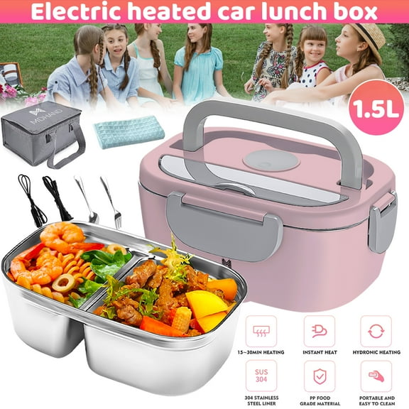 Electric Lunch Box Portable Food Warmer Leak Proof, Microwave Lunch Warmer with Removable Stainless Steel Container, Fork, Spoon and Carrying Bag 1.5 Liter, 110V/12V