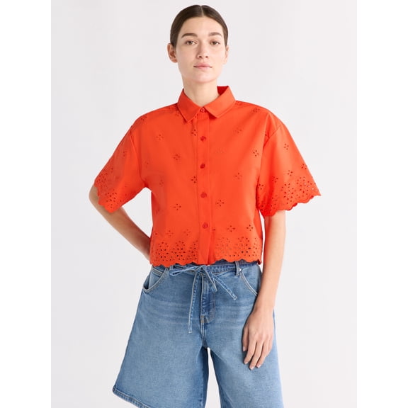 Free Assembly Women's and Women's Plus Cropped Cotton Eyelet Shirt, Sizes XS-4X