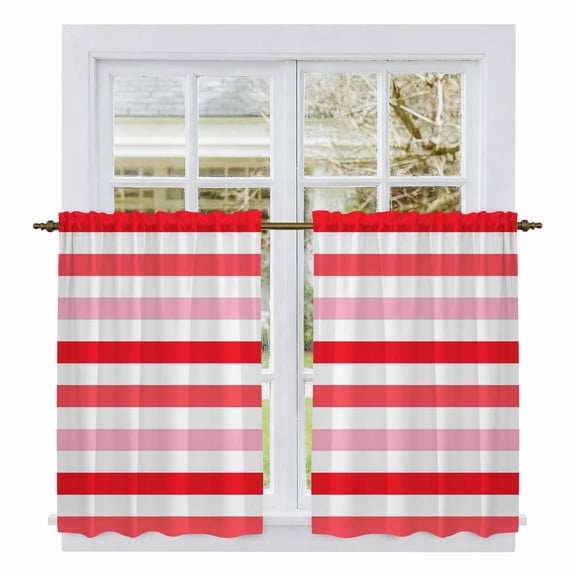 Red Pink Striped Tier Curtains, Farmhouse Stripes Simple Art Light Filtering Kitchen Curtains, 2Pcs Rod Pocket Half Window Treatments Panels for Sink Cafe Cabinet Basement 27.5x45 Inches