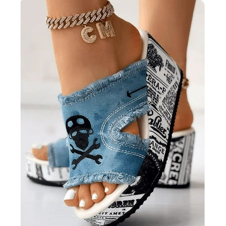 

ZBCHLS Women s Tassel Denim Sandals - Slip-on Open Toe Wedges for Casual & Summer Wear Platform Wedge Slippers with Raw Hem and Newspaper Skull Print