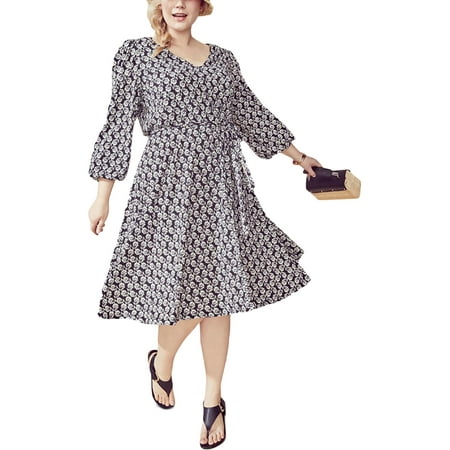 Calvin Klein Womens Floral Midi Wear to Work Dress B/W 22W