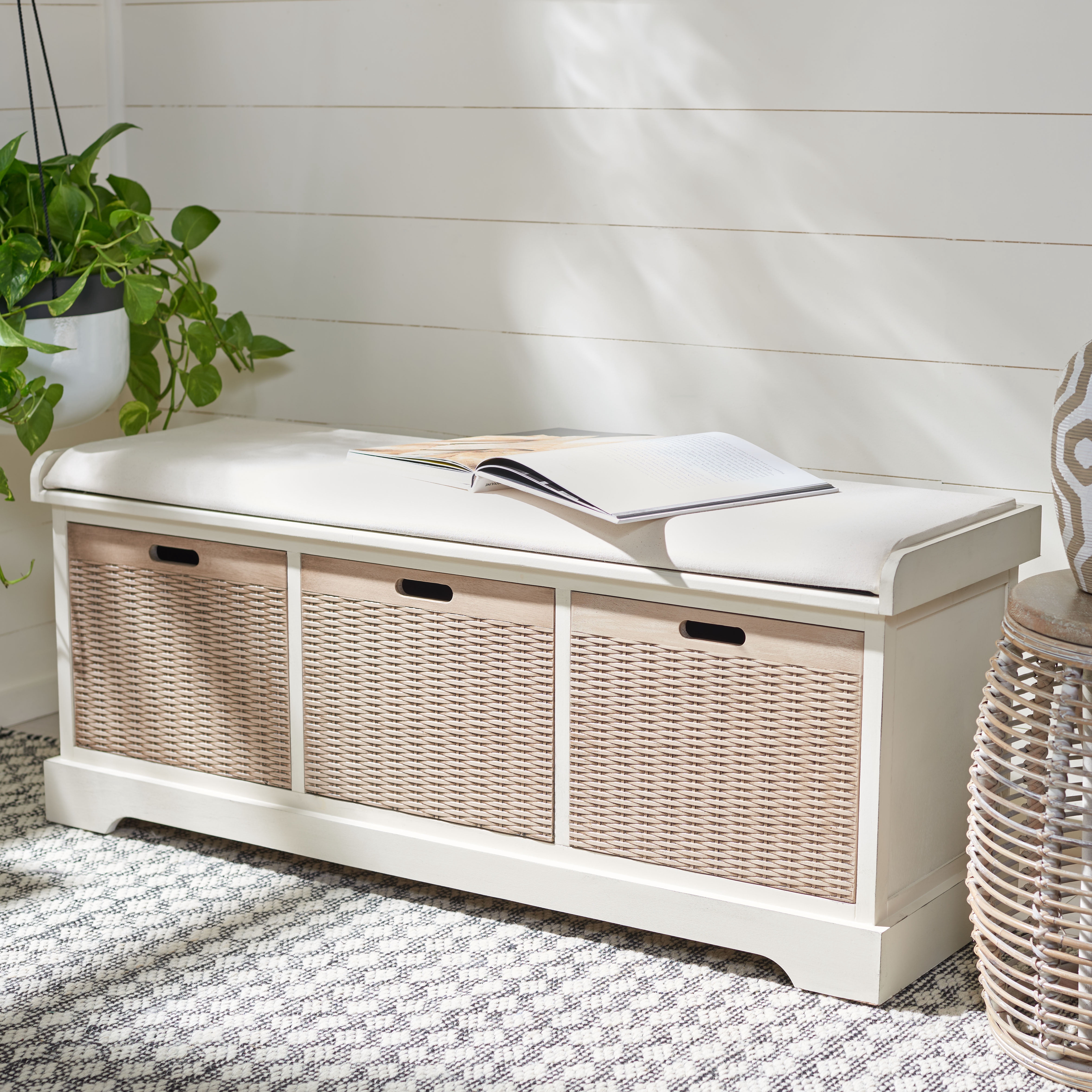 SAFAVIEH Landers 3 Drawer Storage Bench with Cushion, Distressed White