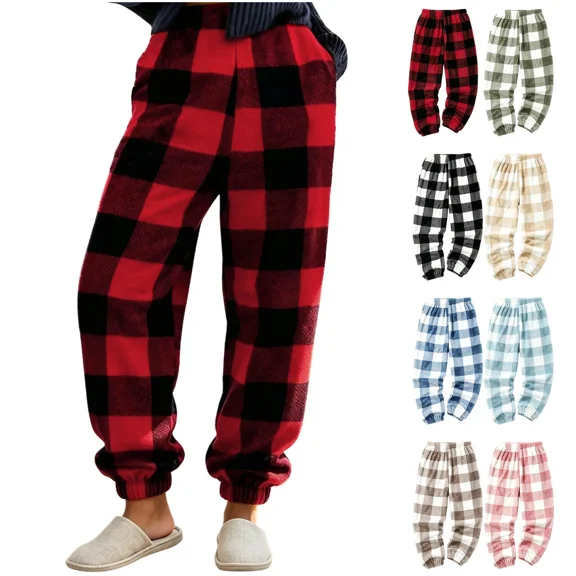 Stamzod Flannel Pajama Pants Women Fashion Plaid Warm Winter Lounge Pants Comfy Fuzzy Fleece Sleepwear for Women with Pockets