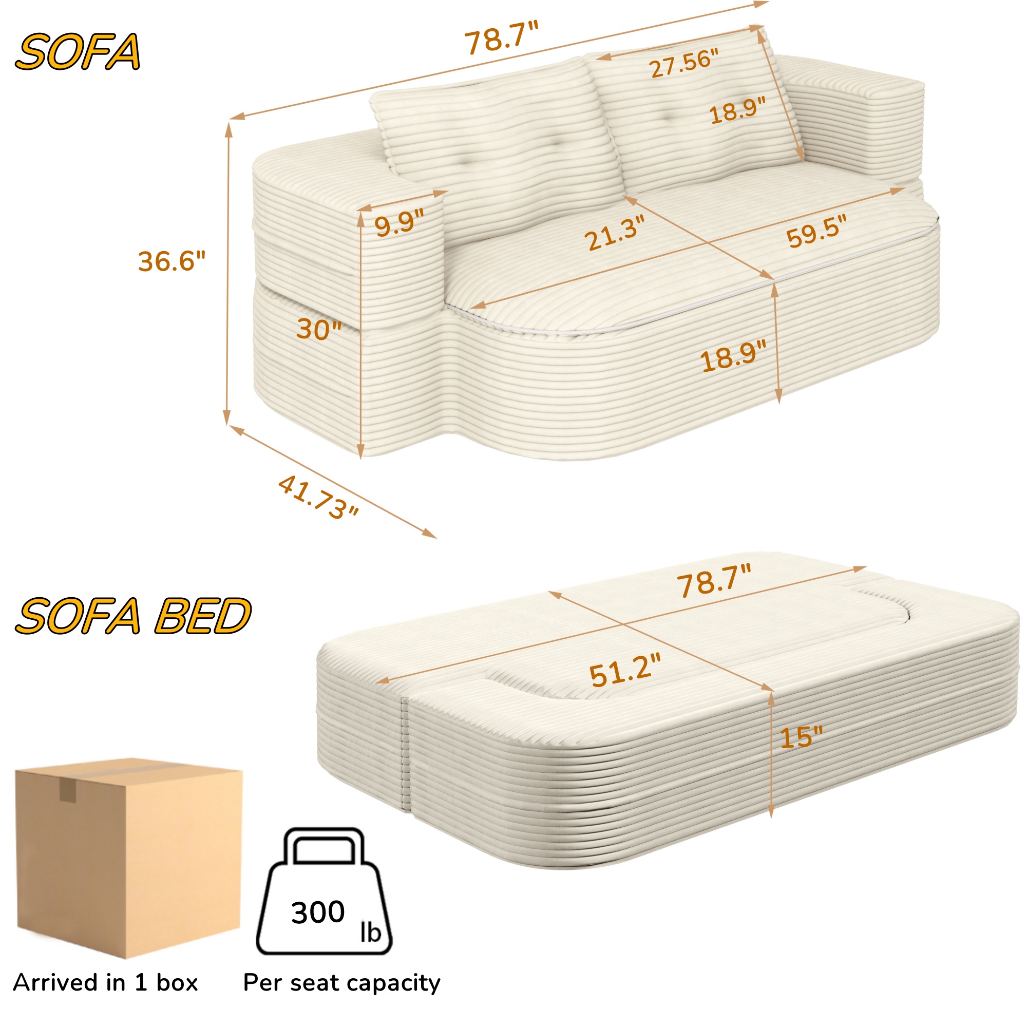 Miniyam 78.7" Wide Convertible Corduroy Sofa Bed, Tufted Futon Couch with No Assembly for Small Spaces, Beige