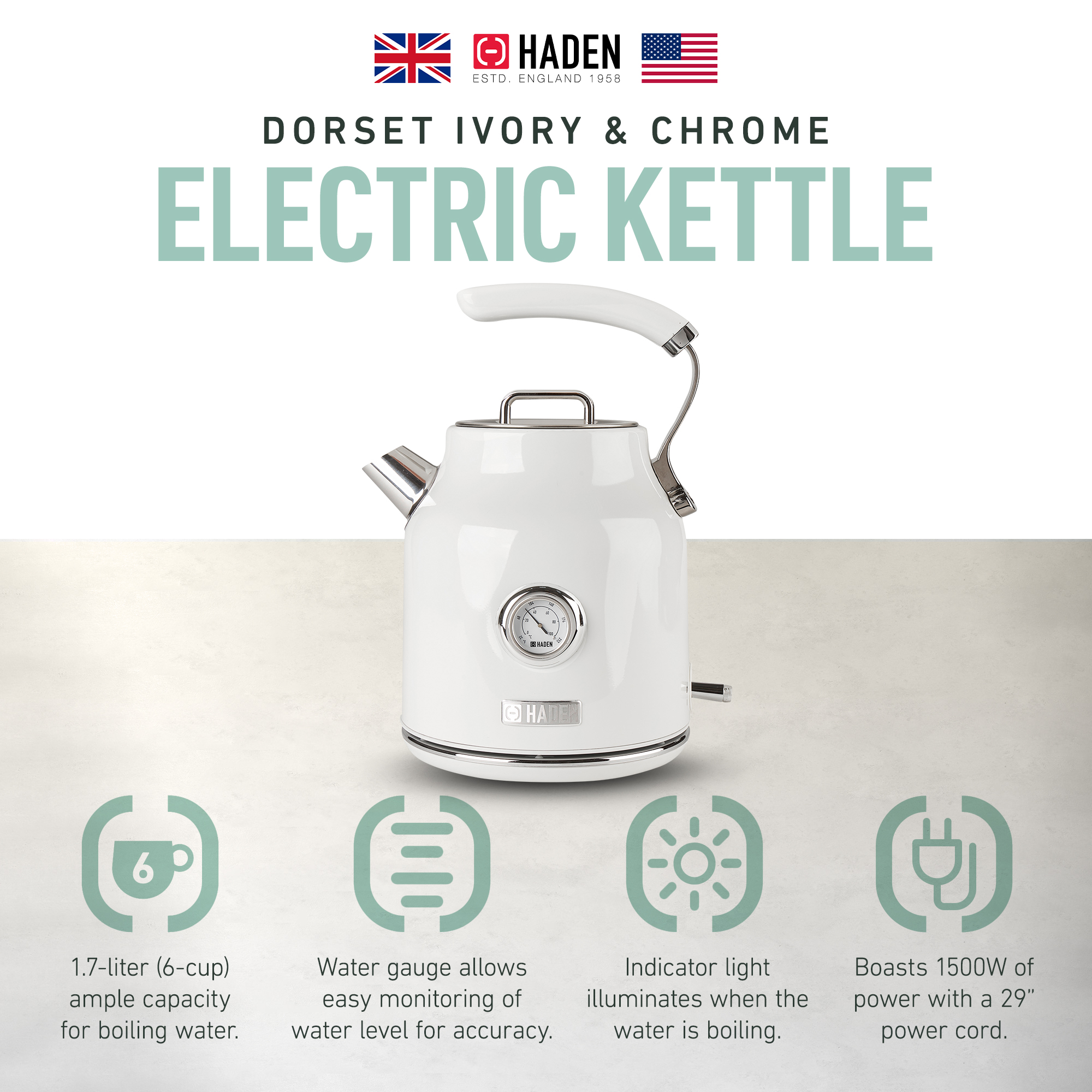 Open Box Haden Dorset 1.7 Liter Electric Water Kettle w/ 360-Degree Base Ivory