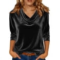 thumbnail image 3 of Ladies Velvet Elegant Drape Front Pleated Collar Three Quarter Sleeve Shirt Blouse Top Loose Fit Holiday Party Cocktail Christmas Festive Gift for Women | CSEONE,Black L, 3 of 9