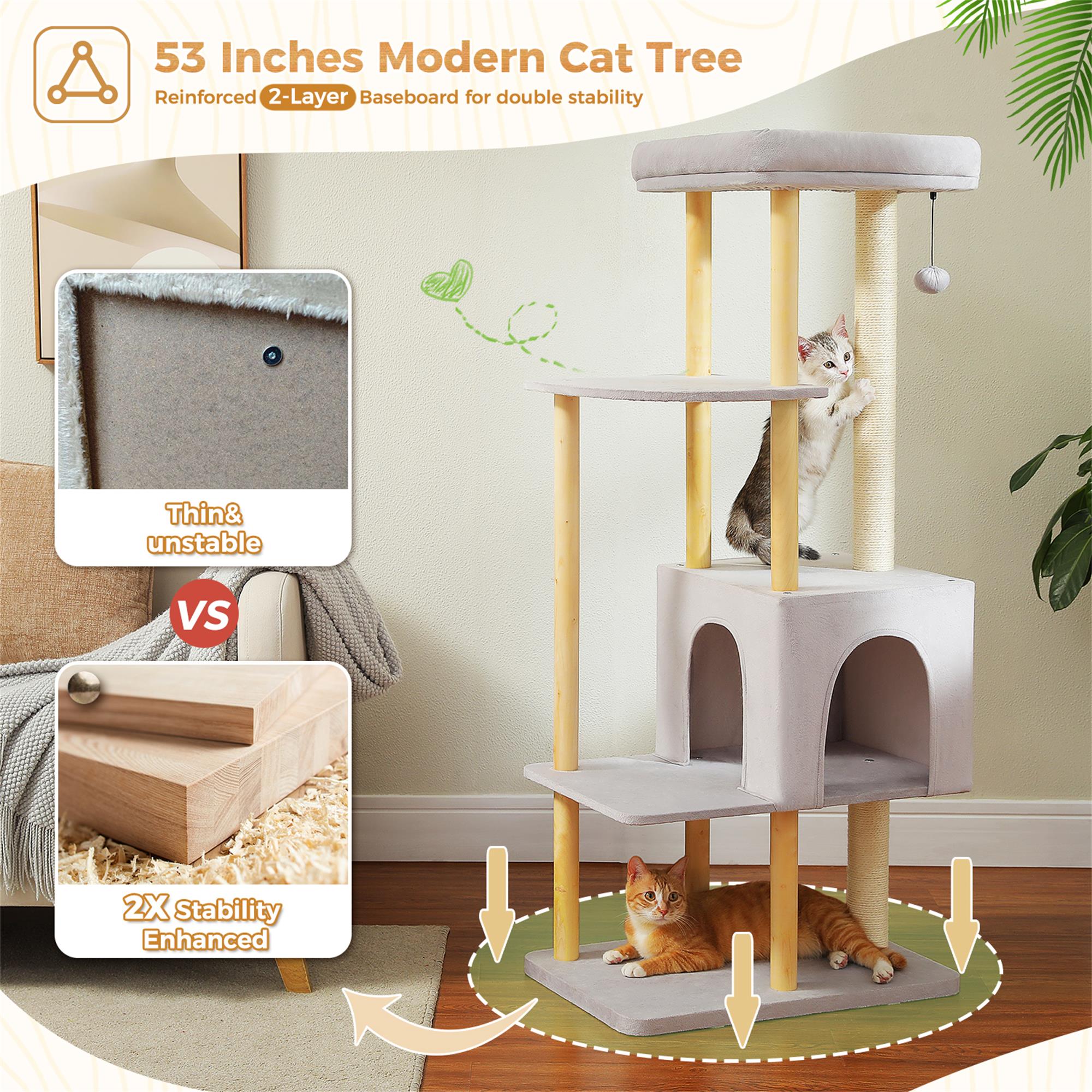 resenkos 53" Modern Wooden Cat Tree Tower for Indoor Cats, Multi-Level Cat Condos with Long Scratching Posts and Scraping Columns, Gray
