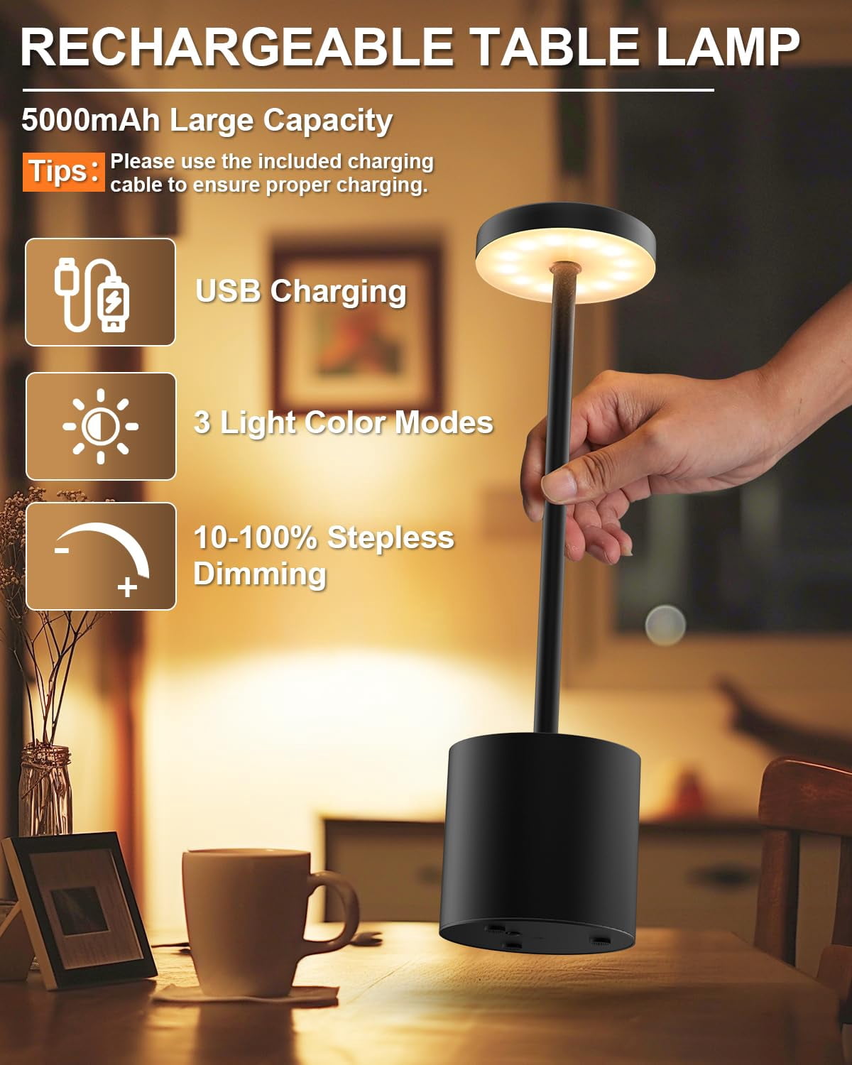 13.3"Rechargeable Cordless Table Lamps, Portable LED Desk Lamp with Touch Controls,3 Color Dimmable Lighting for Dining Patio Outdoor Bedroom Restaurant Bar(Black)