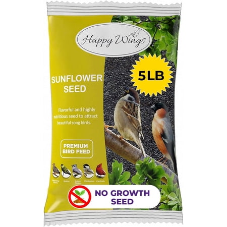 Happy Wings Black Oil Sunflower Bird Food, No Growth BirdSeed, New 5 lb. Bag