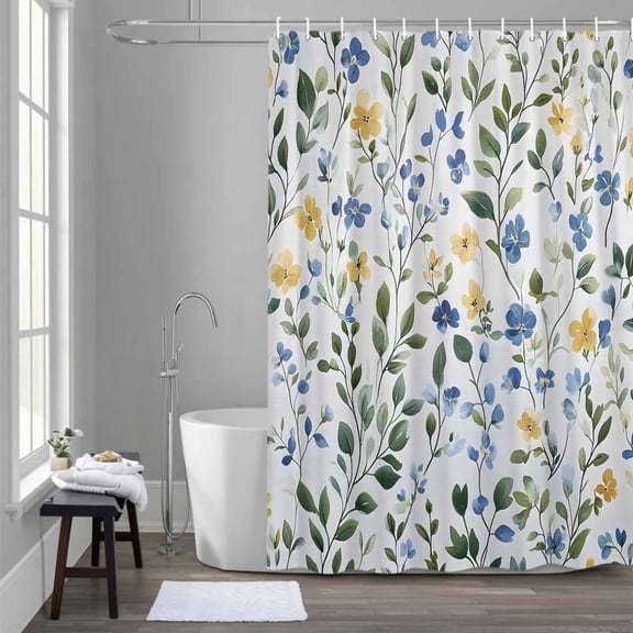Blue Yellow Floral Shower Curtain for Bathroom Decor, Spring Flowers Watercolor Leaf Waterproof Fabric Shower Curtain, 66"x72" Set with 12 Hooks