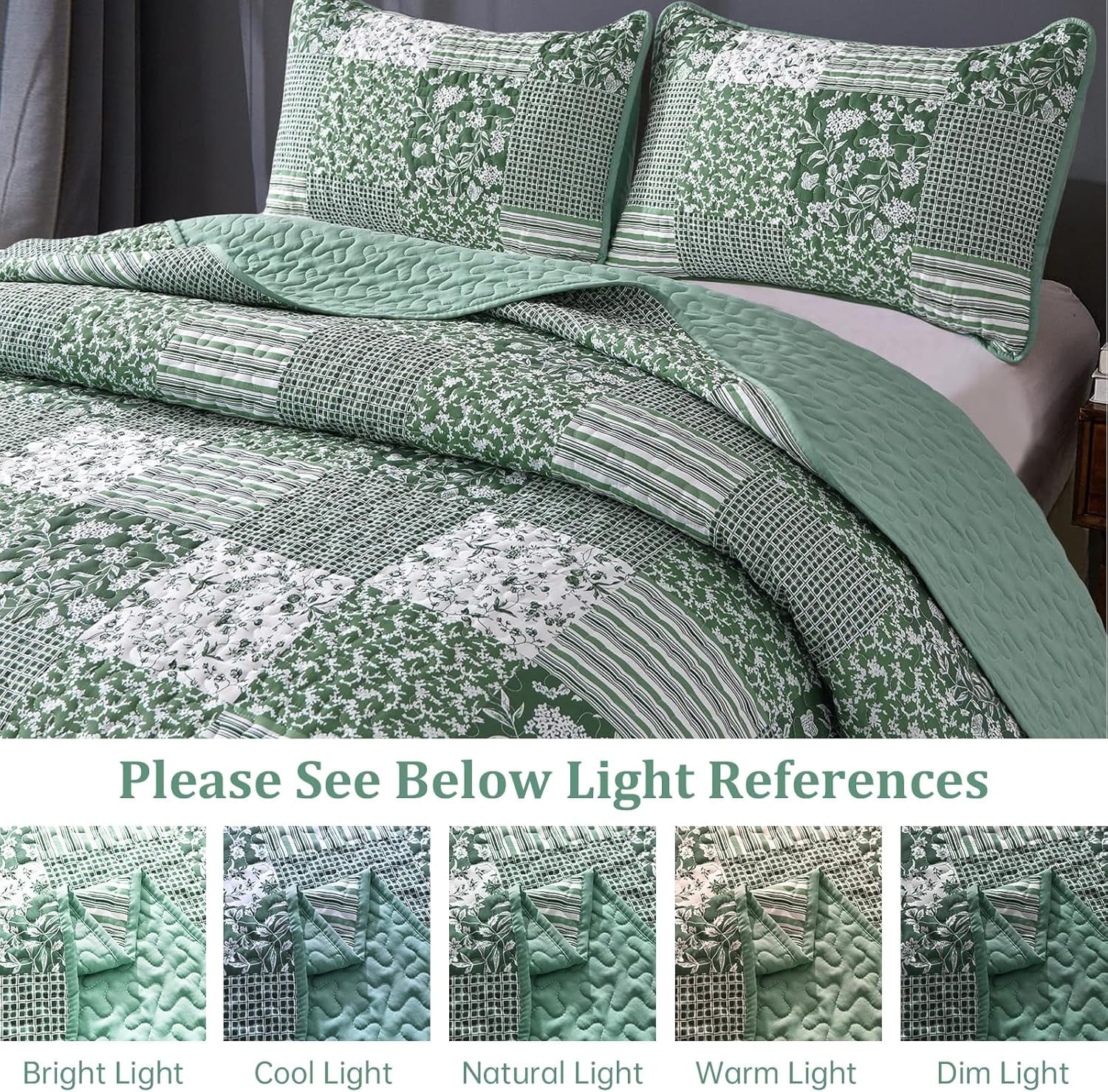 Sage Green Boho Queen Size Bedspread Coverlet Set Patchwork Quilt Set Soft Plaid Floral Bedding Set