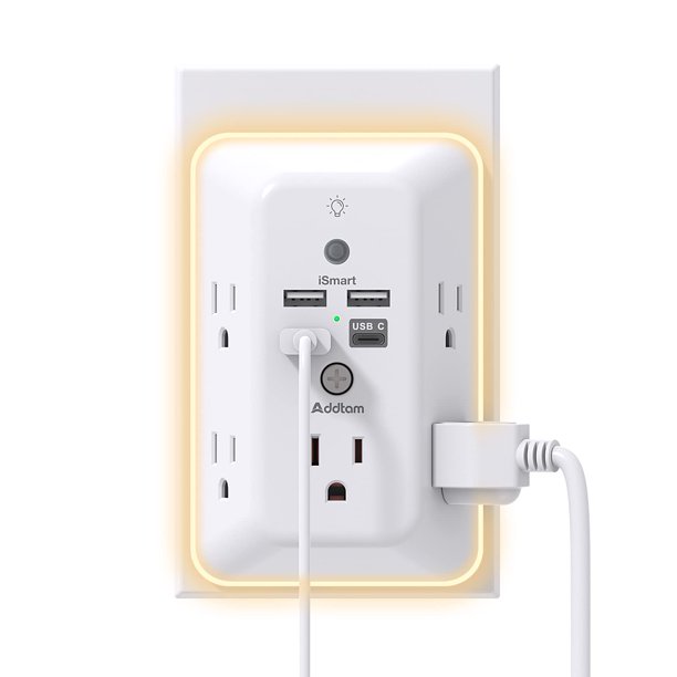 Protector de Sobretensión Addtam con 5 Tomas, Luz Nocturna y 4 Puertos USB