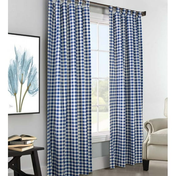 Plow & Hearth 84"L x 80"W Thermalogic Check Tab-Top Curtain Pair, in Blue