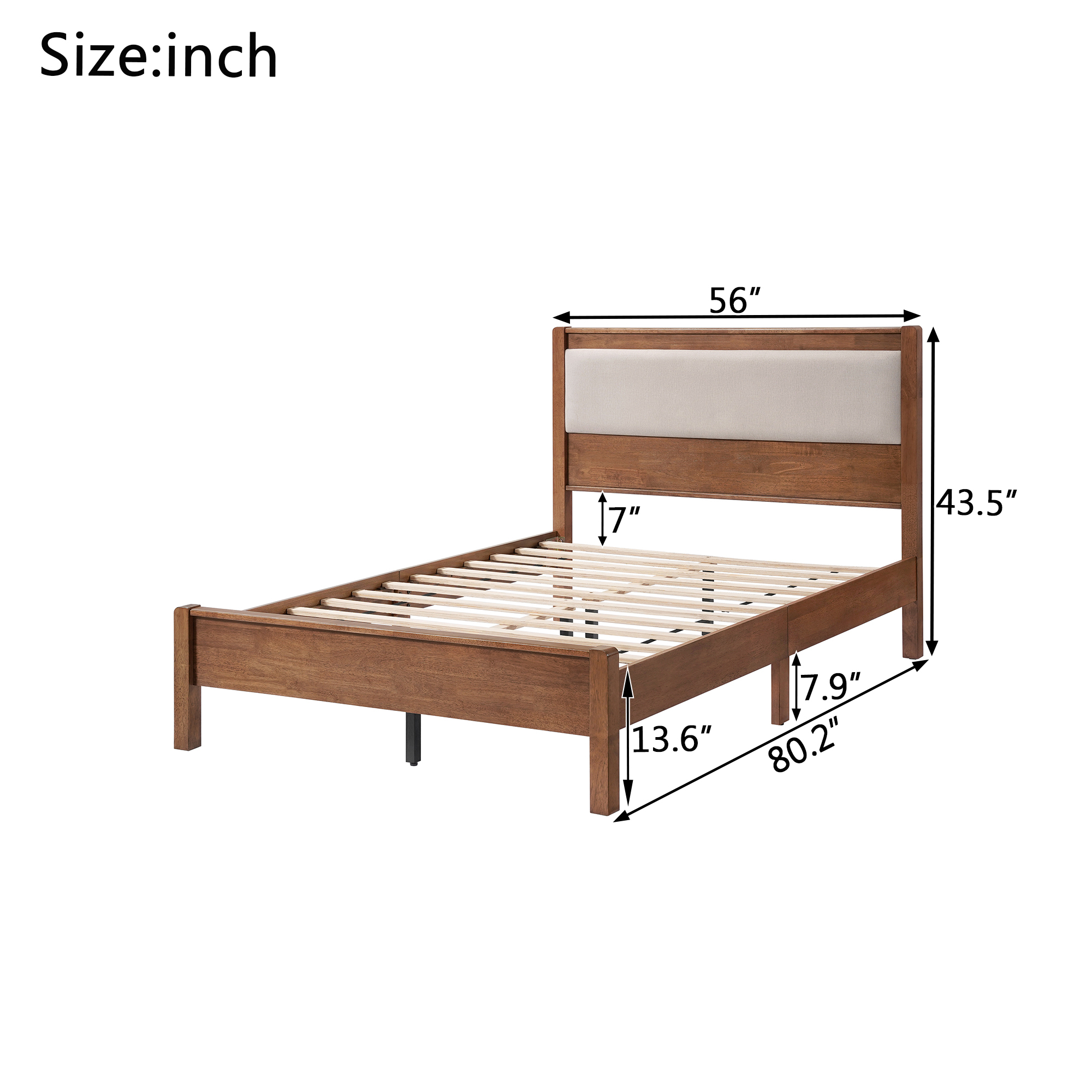 HOQBN Full Solid Rubberwood Bed Frame with Upholstered Headboard, Reinforced Central Support Legs for Bedroom Brown