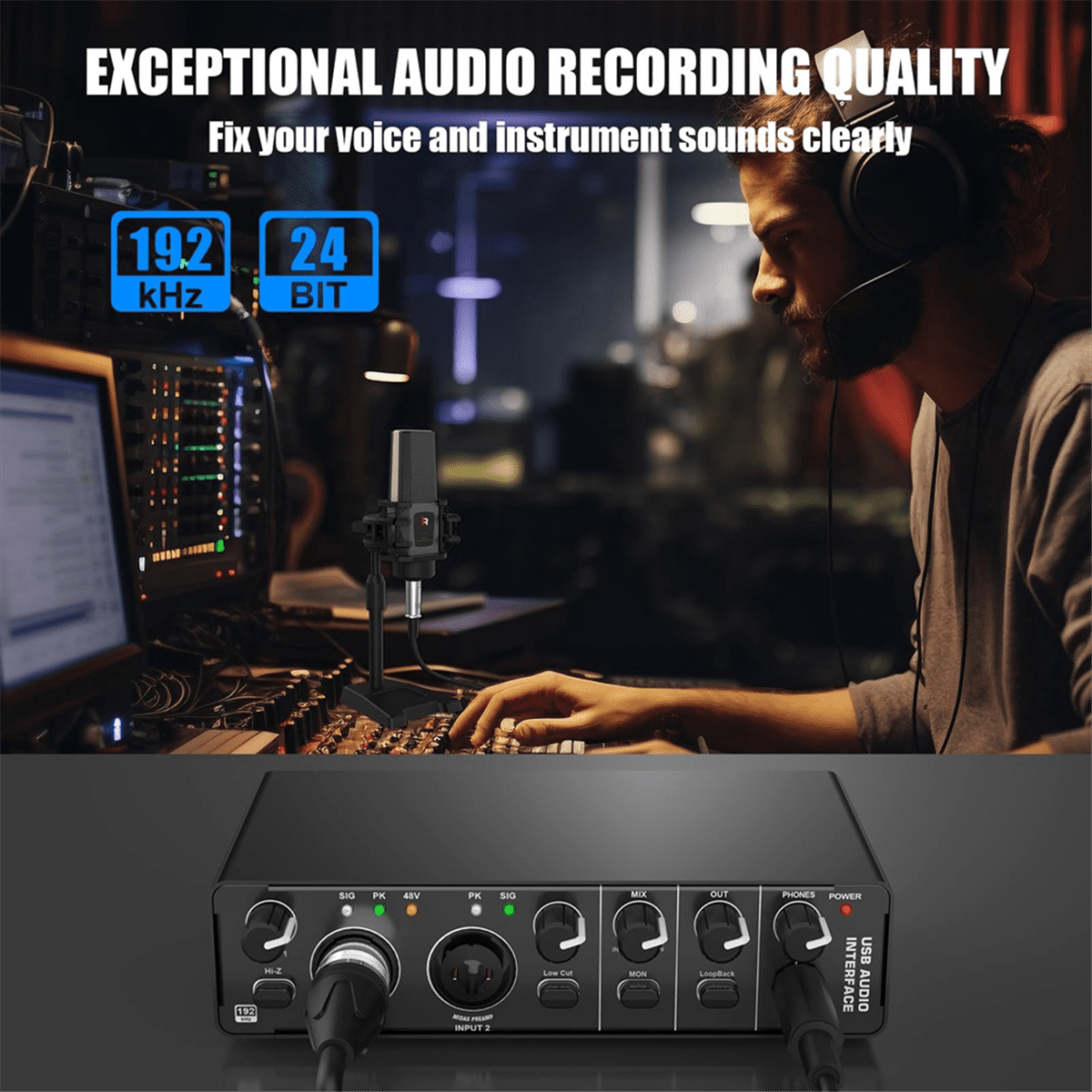 USB Audio Interface, 2 in 2 Out Audio Interface with 48V Phantom Power for Recording,for Guitarist, Vocalist, Podcaster