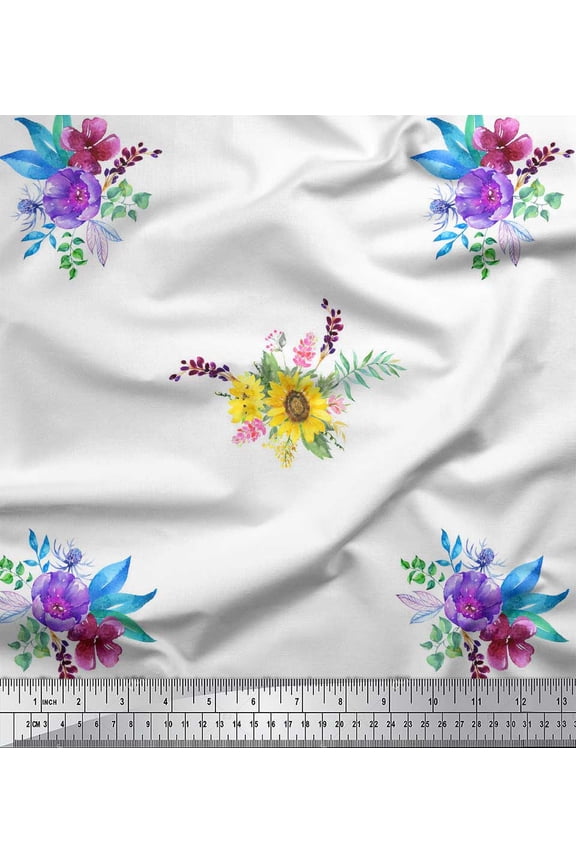 White Viscose Chiffon Fabric Sunflower & Peony Floral Printed Craft Fabric by the Yard 42 Inch Wide