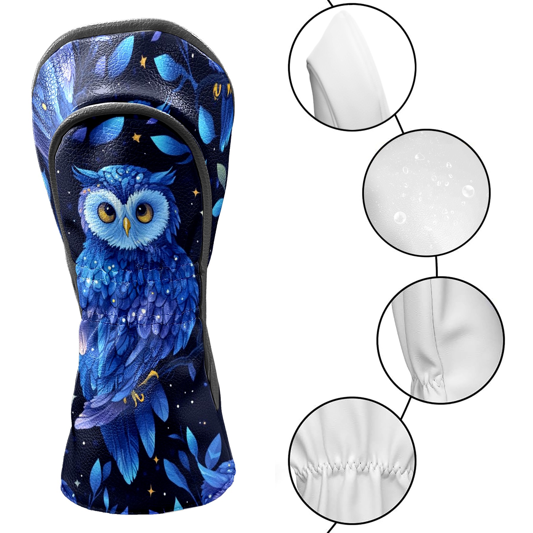 Golf Club Head Covers - Blue Owl Design, PU Leather, Waterproof, Fits Fairway Woods/Hybrid, Unisex, Fits Most Brands